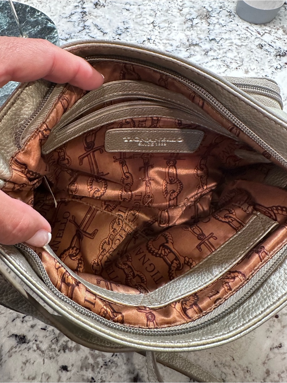 Tignanello Metallic Light Gray Leather Crossbody - Picture 4 of 5